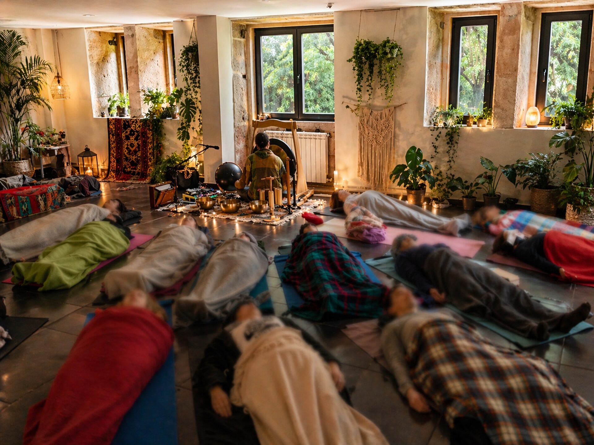 Sessão de sound healing em grupo — participantes deitados enquanto Williams Duarte toca taças tibetanas num espaço acolhedor com plantas e luz natural