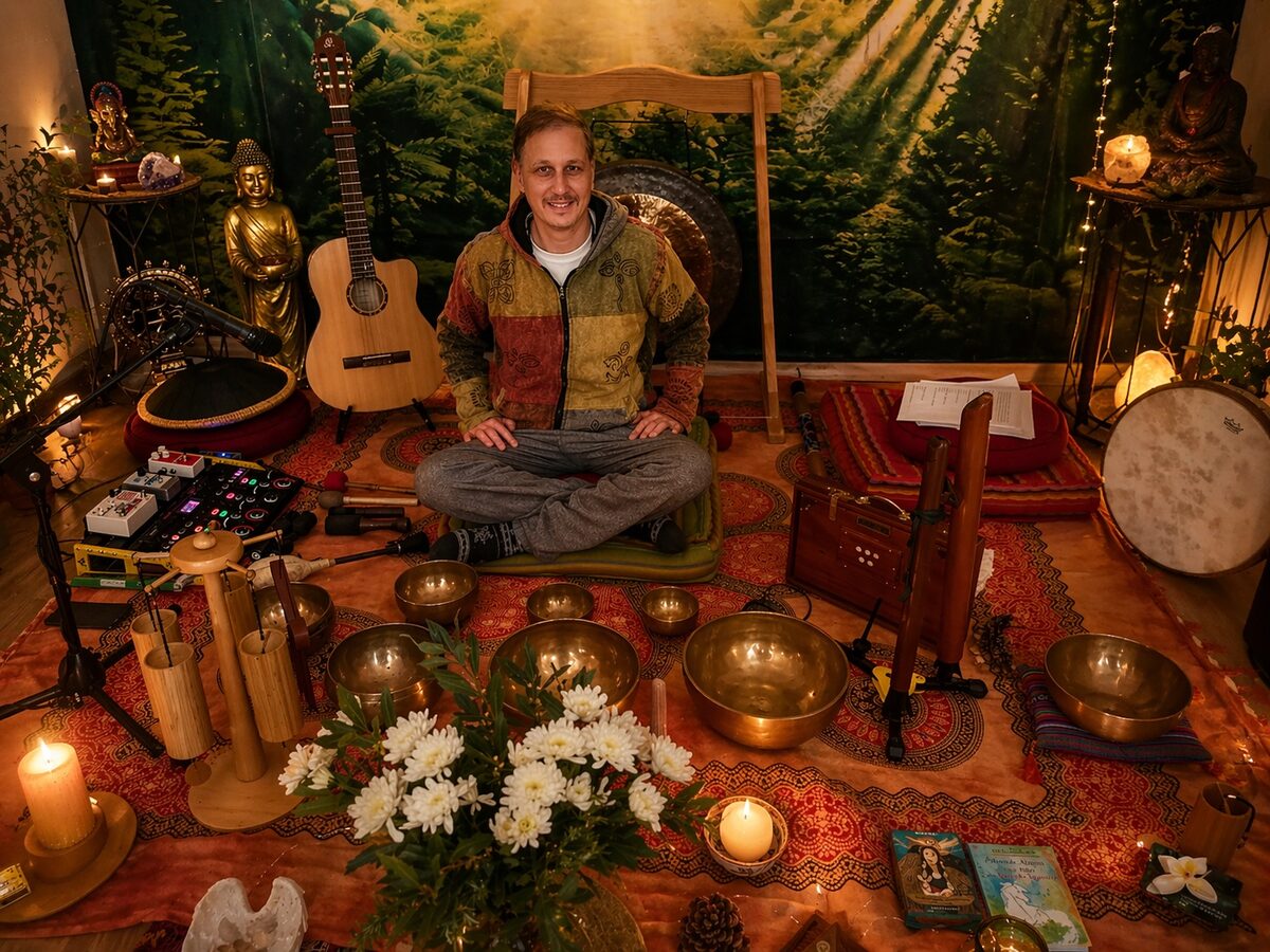 Williams Duarte sentado entre taças tibetanas, gongos e instrumentos de sound healing